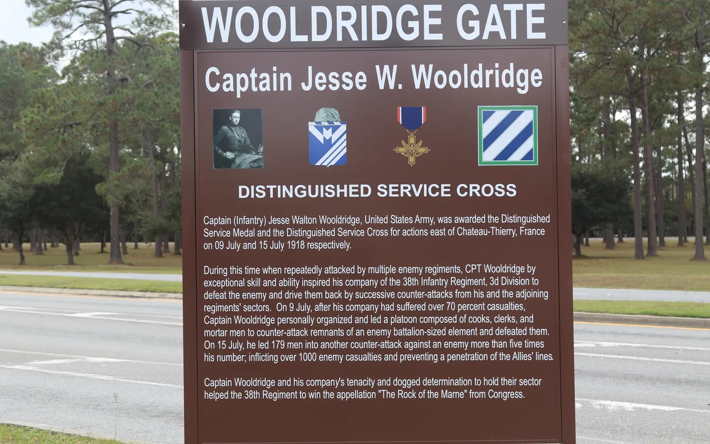 Wooldridge Gate sign at a Fort Stewart entrance road, honoring Captain Jesse W. Wooldridge of the 3rd Infantry Division