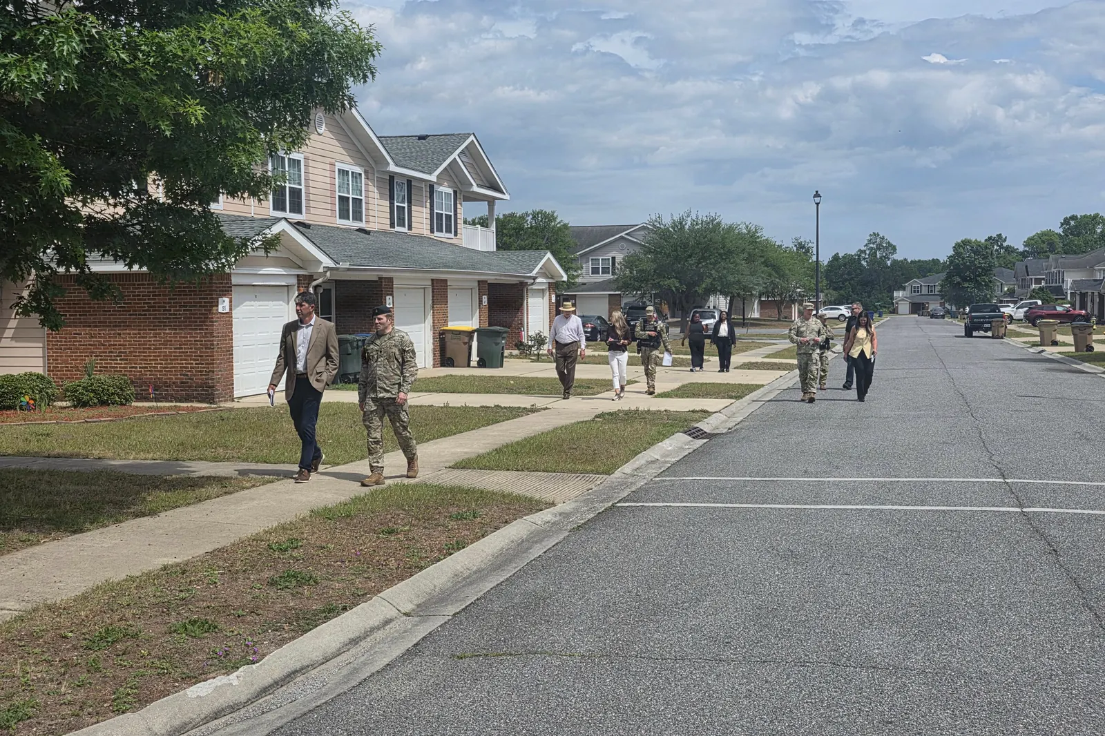 A street of two-story homes with garages in the New Gannam neighborhood at Hunter Army Airfield