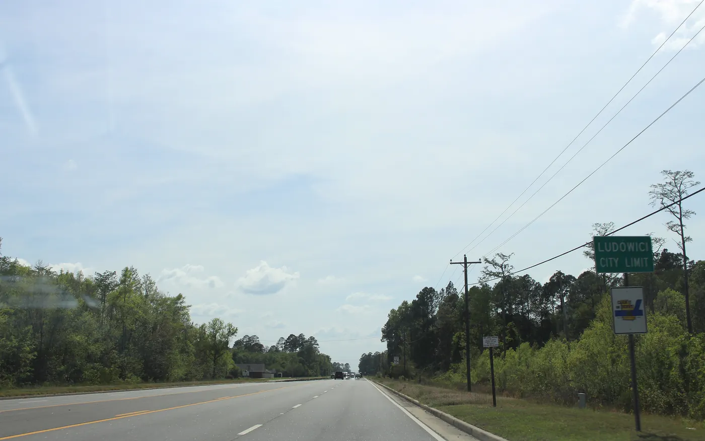 Westbound US-84 entering Ludowici between tall pines, with the green Ludowici city limit sign